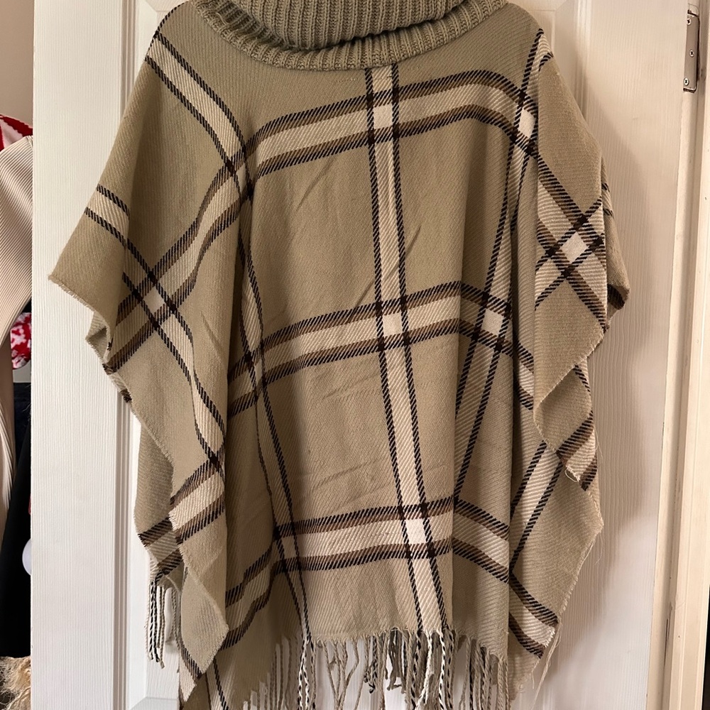 Plaid Tan Sweater Poncho